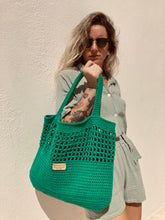 Load image into Gallery viewer, Love love this strong green color for this tote bag, it&#39;s hand crocheted from 100% cotton.
